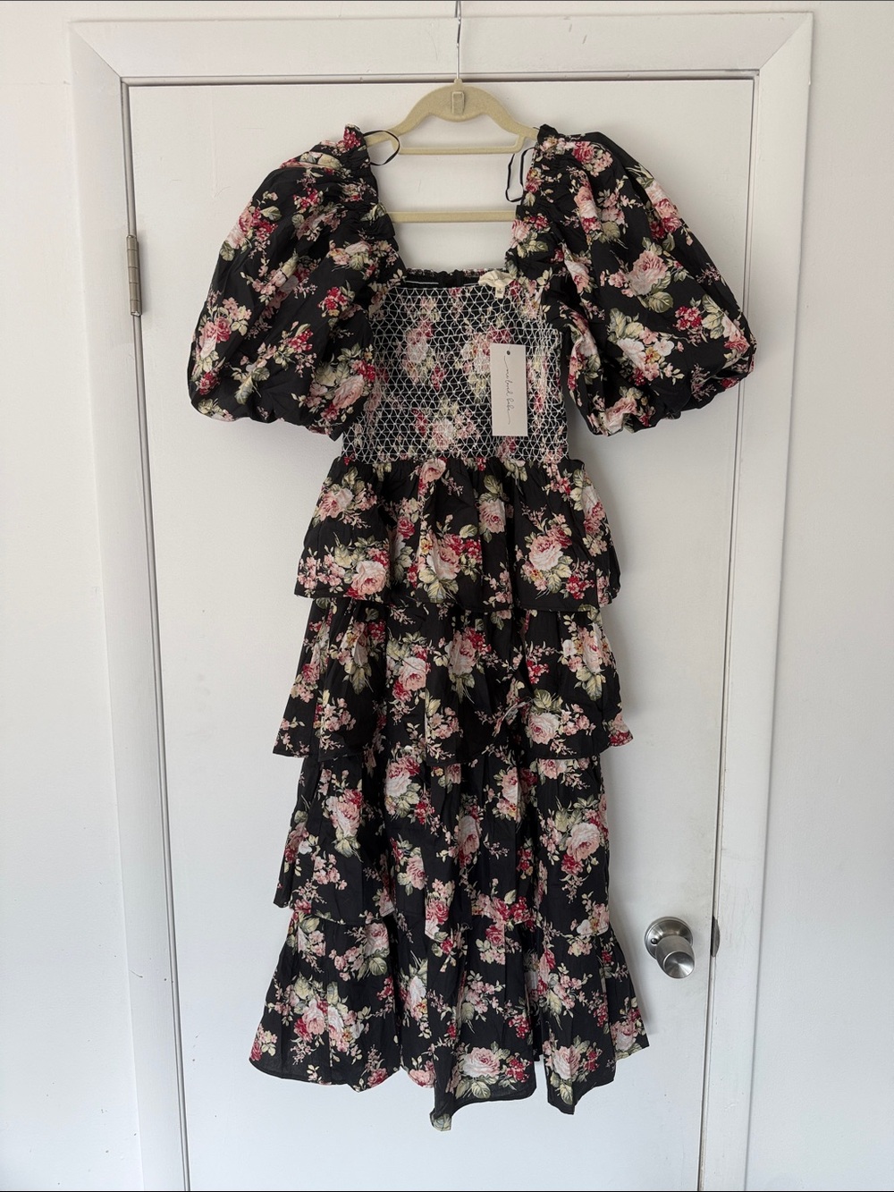 NWT One Loved Babe Floral Smocked Tiered Midi Dress sz S